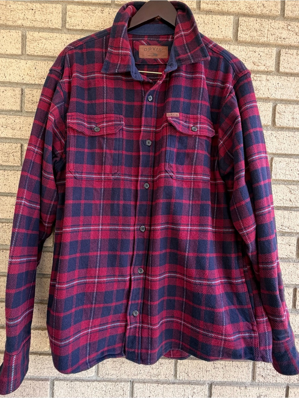 Orvis Men's Flannel Shacket Size L Maroon Navy White Plaid Heavyweight Button Up